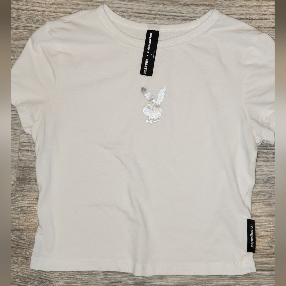 PLAYBOY Tee in White with Silver Logo
